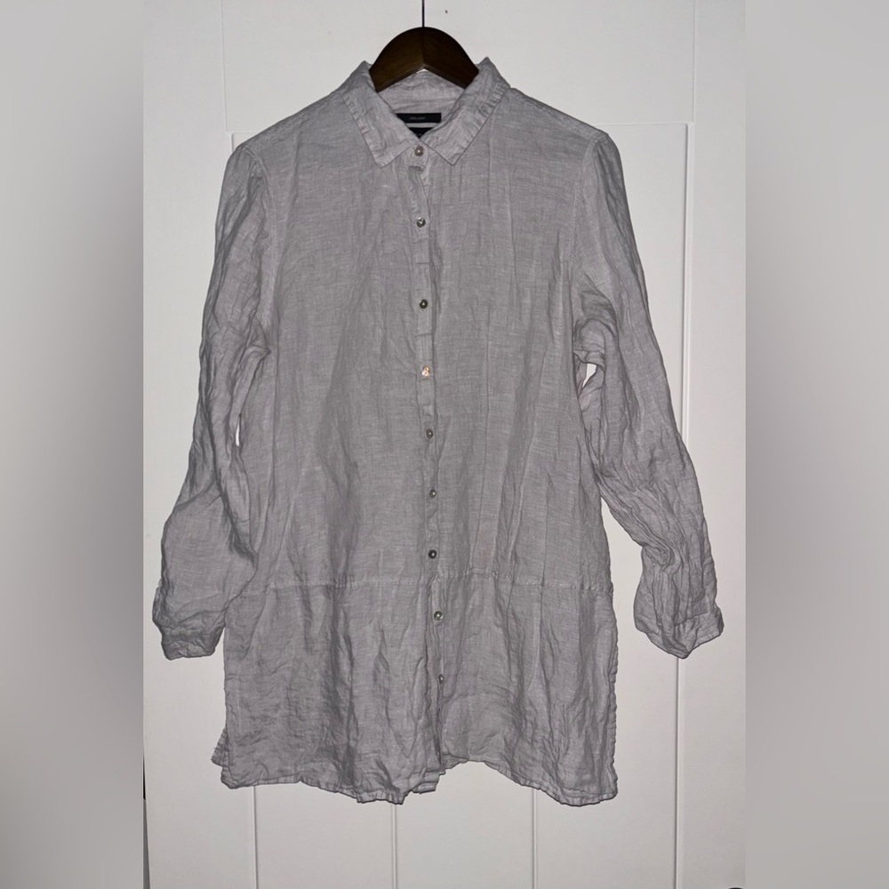 Tahari Elie Women Linen 3/4 Sleeve Top Purple‎ Collar Beachy Tropical Travel 1X